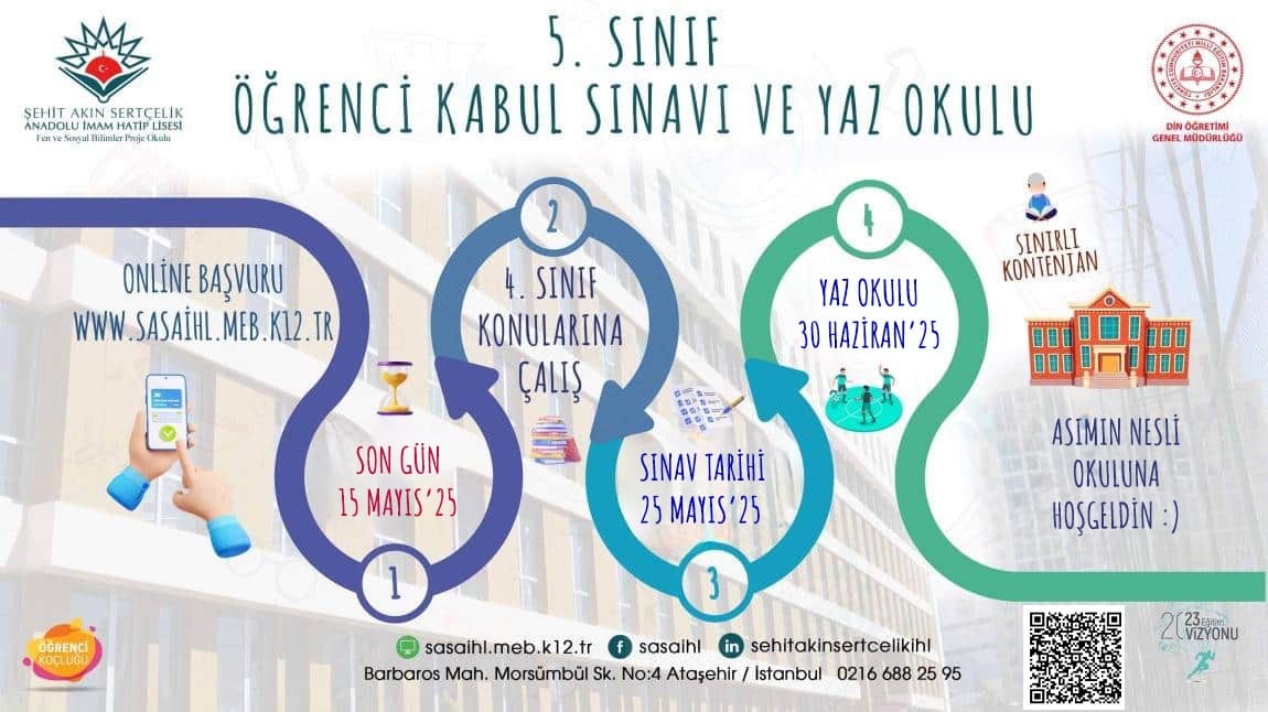 2025-2026 EĞİTİM ÖĞRETİM YILI 5. SINIF ERKEK ÖĞRENCİ KABUL SINAVI VE YAZ OKULU BAŞVURULARI BAŞLADI